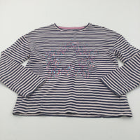 Sequins Star Navy & Beige Striped Long Sleeve Top - Girls 9 Years