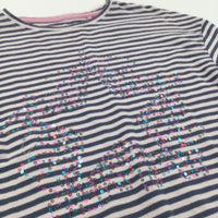 Sequins Star Navy & Beige Striped Long Sleeve Top - Girls 9 Years