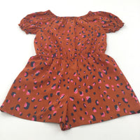 Animal Print Spotty Burnt Orange & Pink Polyester Playsuit - Girls 8-9 Years