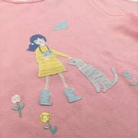 Girl & Dog Appliqued Pink Long Sleeve Top - Girls 9 Years