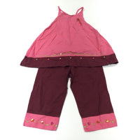 Sequin Embroidered Burgundy & Pink Sleeveless Cotton Tunic Top & Lightweight Cotton Trousers Set - Girls 2-3 Years