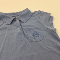 Flower Embroidered Blue School Polo Shirt with Frilly Collar - Girls 11 Years