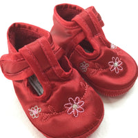 Flowers Embroidered Red Satin Shoes - Girls - Shoe Size 0 (0-3 Months)
