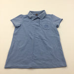 Flower Embroidered Blue School Polo Shirt with Frilly Collar - Girls 10 Years