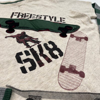 'Freestyle SK8' Skateboard Appliqued Beige, Green & Grey Long Sleeve Top - Boys 8-9 Years