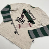 'Freestyle SK8' Skateboard Appliqued Beige, Green & Grey Long Sleeve Top - Boys 8-9 Years