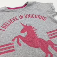 'I Believe In Unicorns' Glittery Grey & Pink T-Shirt - Girls 9-10 Years