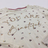 'You Are Beautiful' Glittery Flowers Cream Long Sleeve Top - Girls 9-10 Years
