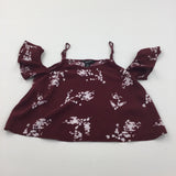 Flowers Burgundy Cotton Open Shoulder Belly Blouse - Girls 10 Years