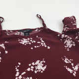 Flowers Burgundy Cotton Open Shoulder Belly Blouse - Girls 10 Years