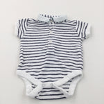 Navy & White Striped Polo Shirt Style Short Sleeve Bodysuit - Boys 0-3 Months