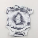 Navy & White Striped Polo Shirt Style Short Sleeve Bodysuit - Boys 0-3 Months