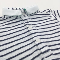 Navy & White Striped Polo Shirt Style Short Sleeve Bodysuit - Boys 0-3 Months