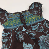 Flowers Brown, Yellow & Blue Retro Cotton Tunic Blouse - Girls 9-10 Years