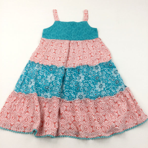 Blue, Light Red & White Lace Detail Cotton Sun Dress - Girls 9-10 Years
