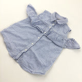 Blue & White Striped Cold Shoulder Cotton Blouse - Girls 9-10 Years