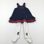 Dark Blue & Red Lightweight Denim Dungaree Dress & White Tights Set - Girls 12-18 Months