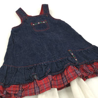 Dark Blue & Red Lightweight Denim Dungaree Dress & White Tights Set - Girls 12-18 Months