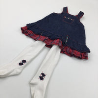 Dark Blue & Red Lightweight Denim Dungaree Dress & White Tights Set - Girls 12-18 Months