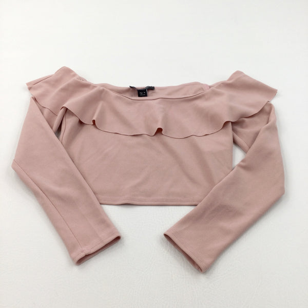 Dusky Pink Cropped Polyester Blouse with Frilly Neckline - Girls 10 Years