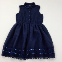 Sequins Navy Embroidered Polyester Party Dress - Girls 10-11 Years