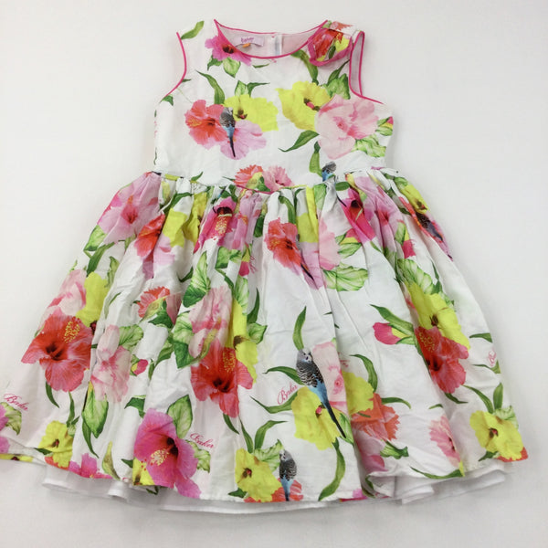 Colourful Flowers & Birds Pink & White Cotton Sun/Party Dress - Girls 10-11 Years