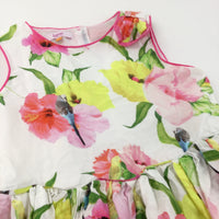 Colourful Flowers & Birds Pink & White Cotton Sun/Party Dress - Girls 10-11 Years