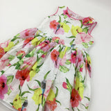 Colourful Flowers & Birds Pink & White Cotton Sun/Party Dress - Girls 10-11 Years