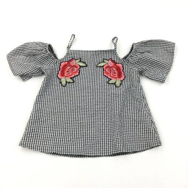 Flowers Embroidered Black & White Checked Cold Shoulder Cotton Blouse - Girls 10-11 Years