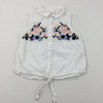 Flowers Embroidered White Cotton Blouse - Girls 10-11 Years