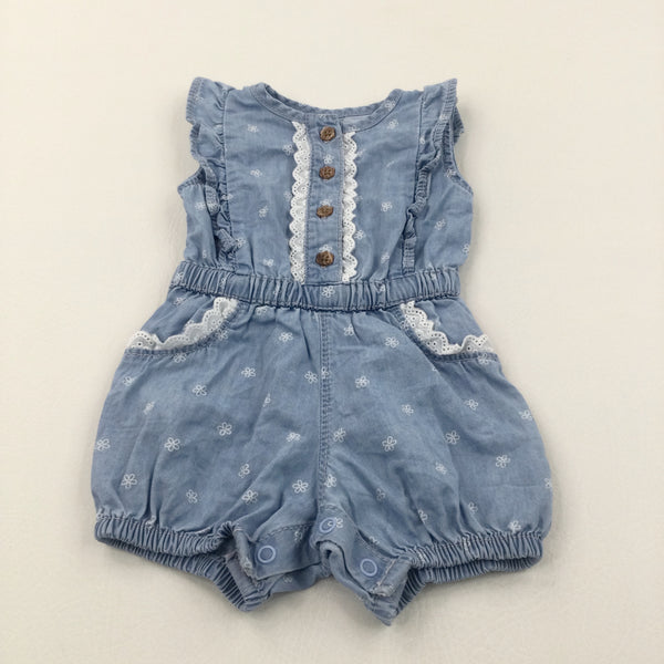 Flowers Blue Denim Effect Cotton Playsuit - Girls 0-3 Months