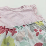 Colourful Flowers Pink & White Jersey Playsuit - Girls 0-3 Months