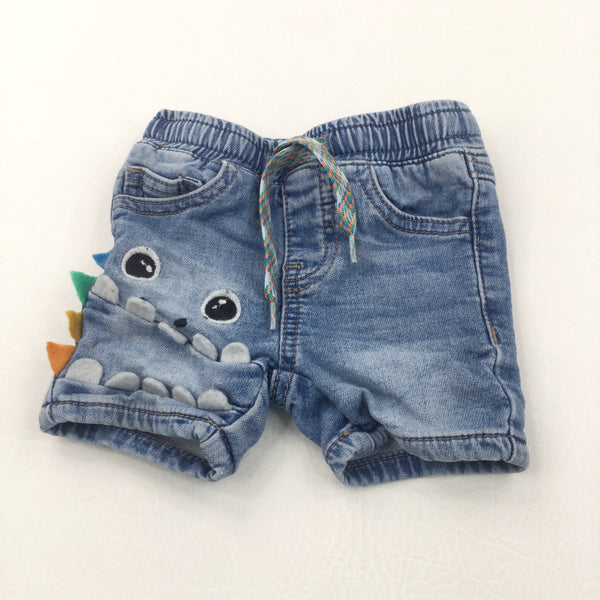 Monster Face Appliqued Mid Blue Denim Shorts - Boys 3-6 Months