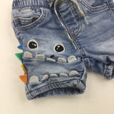 Monster Face Appliqued Mid Blue Denim Shorts - Boys 3-6 Months