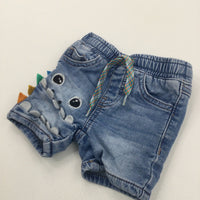 Monster Face Appliqued Mid Blue Denim Shorts - Boys 3-6 Months