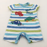 'Brum Brum' Cars Appliqued Blue, Green & White Jersey Romper - Boys 3-6 Months