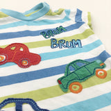 'Brum Brum' Cars Appliqued Blue, Green & White Jersey Romper - Boys 3-6 Months