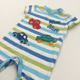 'Brum Brum' Cars Appliqued Blue, Green & White Jersey Romper - Boys 3-6 Months