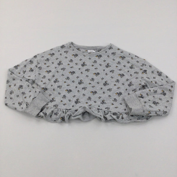 Flowers Grey  Ruffle Hem Crop Sweatshirt - Girls 9 Years
