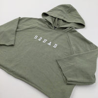 'Squad' Embroidered Green Lightweight Cropped Hoodie Sweatshirt - Girls 10-11 Years