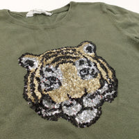Sequins Tiger Olive Green Lightweight Knitted Jumper - Girls 10-12 Years