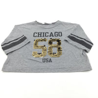 'Chicago 58' Sequin Flip Grey Cropped T-Shirt - Girls 10-12 Years