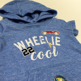'Wheelie Cool' Racing Car Appliqued Blue Thick Jersey Romper with Hood - Boys 3-6 Months