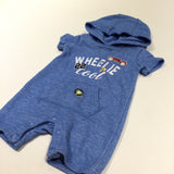 'Wheelie Cool' Racing Car Appliqued Blue Thick Jersey Romper with Hood - Boys 3-6 Months