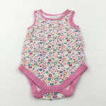 Colourful Flowers Pink & White Sleeveless Bodysuit - Girls 3-6 Months