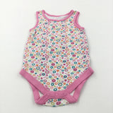 Colourful Flowers Pink & White Sleeveless Bodysuit - Girls 3-6 Months