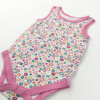 Colourful Flowers Pink & White Sleeveless Bodysuit - Girls 3-6 Months