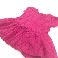 Flowers Lacey Overlay Hot Pink Jersey Dress - Girls 3-6 Months