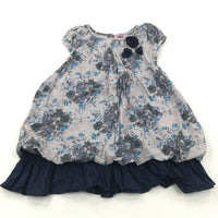 Flowers Grey & Navy Bubble Hem Cotton Dress - Girls 18-24 Months