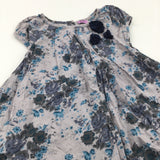 Flowers Grey & Navy Bubble Hem Cotton Dress - Girls 18-24 Months